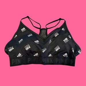 Wmns PINK Active NWT Black and White Logo Print S Sports Bra Gym Workout Casual